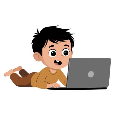 Mutlu gülümseyen küçük çocuk online eğitim için dizüstü bilgisayar kullanıyor. Evde kalıyor, not defteri vektör illüstrasyonunun arkasında yatıyor. Öğrenim ve öğrenim kavramları için mükemmel.