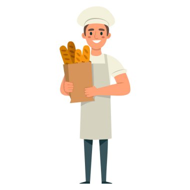 Fırın ve yemek temalı sanat eserleri için mükemmel beyaz zemin üzerinde izole edilmiş kağıt torba vektör illüstrasyonunda geleneksel Fransız ekmeği tutan genç fırıncı karakteri.