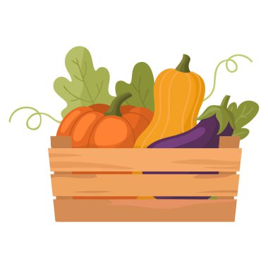 Olgun tarımsal ürün vektör illüstrasyonuyla sepette hasat edin. Sonbahar hasat kutlamaları ve organik gıda tasarımları için ideal.