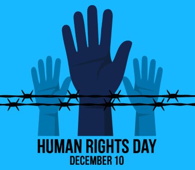 İnsan Hakları Günü poster illüstrasyonu, 10 Aralık farkındalık olayı ve kampanya grafikleri için uygun dikenli tellerin arkasında el silueti simgesini kaldırdı