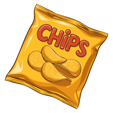 Atıştırmalık tasarımı için ideal beyaz arka planda patates cipsi paketi ambalaj yemek karikatürü veya lezzetli yaratıcı sanat eserleri.