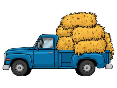 Çiftlik taşımacılığı ve tarımsal tedarik temalı yaratıcı sanat eserleri için uygun saman yüklü mavi kamyonun tasarımı