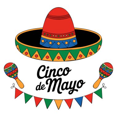 Kırmızı şapkalı ve renkli bayraklı Cinco de mayonez kart şablonu bayram dekorasyonu veya Meksika 'nın yaratıcı sanat eserleri için ideal.