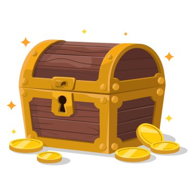 Altın sikkelerle dolu ahşap sandık tasviri hazine korsan temalı sanat eserleri grafiksel oyun konseptleri veya fantezi tasarımları için idealdir.