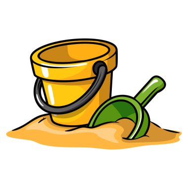 Sarı kova ve kazıyıcının bembeyaz arka plandaki oyuncak tasarımı yaz teması için mükemmel çocuklar kum aktivitesi veya şirin çizgi film çizimleri oynuyorlar.