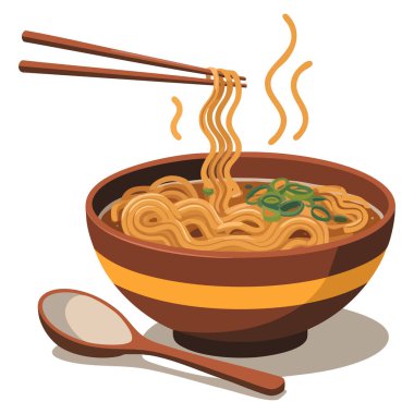 Yemek paketleme mönüsü tasarımı için uygun yemek çubuklarıyla anlık ramen noodle kabı çizimi ve Asya mutfağı temalı sanat eserleri