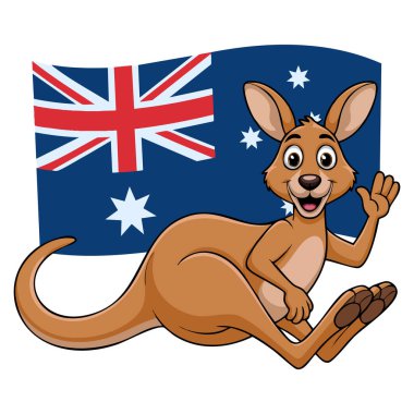 Avustralya bayraklı beyaz arka plan vektör tasarımı ile top önünde kanguru illüstrasyonu spor, hayvan ve Avustralya temalı sanat eserleri için idealdir.