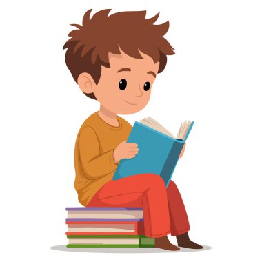Kitap yığınının üzerinde oturan küçük çocuk eğitim hayal gücü çizgi film stili vektör çizimi öğrenme ve yaratıcılık için mükemmel.