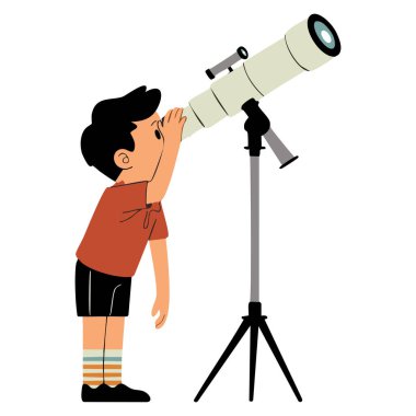 Teleskobu olan küçük bir çocuk güneş gezegenleri vektör illüstrasyonunu gözlemliyor. Uzay galaksisi üzerinde çalışıyor. Eğitim bilimi astronomisi ve çocuk aktiviteleri için ideal.