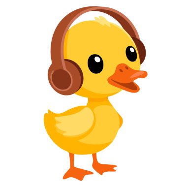 Küçük sarı ördek civciv kulaklıkla müzik dinliyor vektör illüstrasyon sevimli emoji karakteri çocuklar için mükemmel eğlenceli ve çizgi film temalı tasarımlar