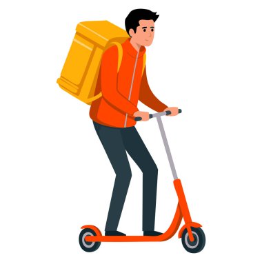 Erkek kurye arka vektör illüstrasyonunda paket kutusuyla scooter sürüyor. Lojistik ve ulaşım için karikatür stili tasarımı hızlı.