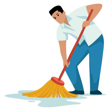 Erkek profesyonel temizlikçi üniformalı personelin kattaki düz vektör illüstrasyonunu temizleme servisi temizlik ve bakım tasarım temaları için ideal ekipmanla temizliyor