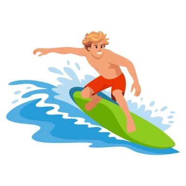 Dalga vektör illüstrasyonunda sörf yapan erkek sörfçü. Ekstrem su sporu yaz tatili. Macera sahili tatili ve aktif yaşam tarzı temaları için mükemmel.
