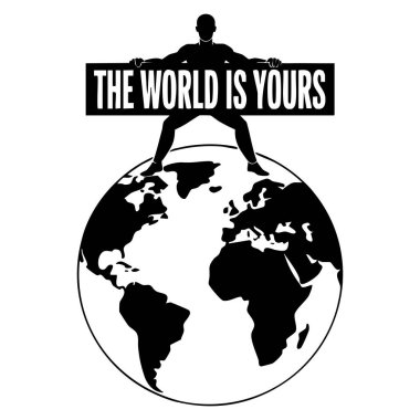 Dünyanın tepesindeki adam motivasyonel ilham verici tipografisi olan vektör illüstrasyonuyla dünyanın posterleri ve tişört tasarımları için uygun olduğunu söyledi.