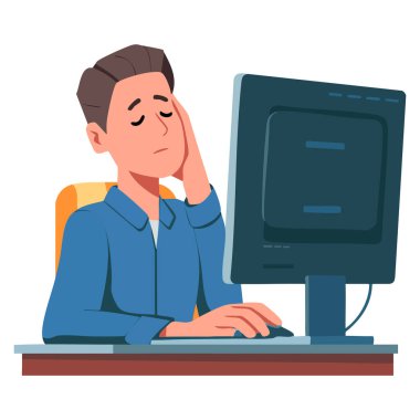 İş yerinde bilgisayarla oyalanan tembel işadamından sıkılmış bir adam motivasyonsuz, verimsiz yönetici vektör çizimi