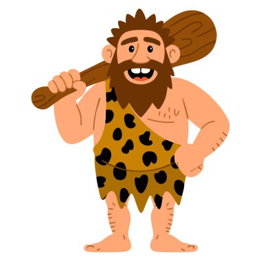 İlk Homo Sapiens troglodytasını temsil eden çizgi film stili bir adam taş devri vektör ilüstrasyonunda yaşayan hayvan postu giyiyor ilkel tema için.