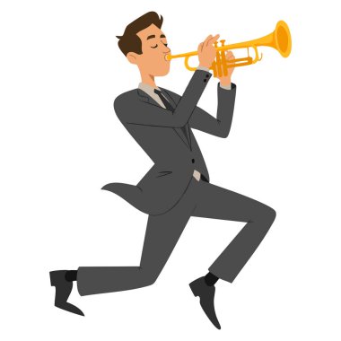 Fransız kornosu çalan adam, caz illüstrasyonlu, zarif takım elbiseli, müzik aleti müzik ve konser temaları için ideal bir erkek karakter.