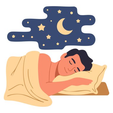 Gece vektör ilülasyonunda yatağında uyuyan adam beyaz arka planda izole edilmiş uyku, uyku, dinlenme ve sağlık farkındalığı temalı tasarımlar için mükemmel.