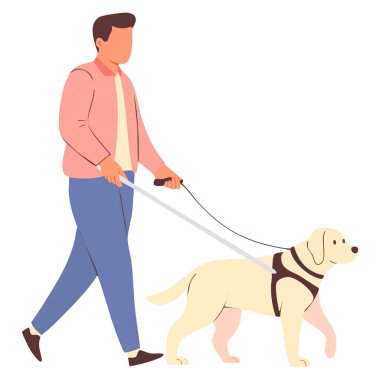 Rehber köpek yürüyüş vektörü illüstrasyonuna sahip bir adam görme engelli ya da kör caddeden karşıya geçerken baston gören köpek tasarımı için izole edilmiş.