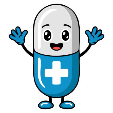 Tıp kapsülü, kolları ve sağlık eğitimi için uygun gülümseyen yüzü olan sevimli vektör çizimi ilaç tasarımı ve çizgi film yaratıcı sanat çalışmaları