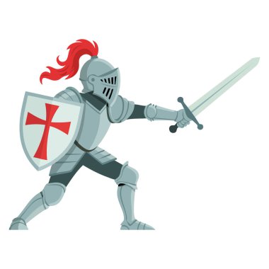 Ortaçağ Krallığı zırhlı şövalyesi kılıçla ve kalkan vektör illüstrasyonuyla saldırıyor. Tarihi fantezi savaş öyküsü ya da oyun tasarımı için ideal.