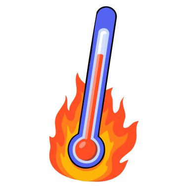 Ateşin üzerindeki civa termometresi ısı vektör illüstrasyonu aşırı ısı artışı gösteriyor. Yanan termometre hava tehlikesi ve sıcak iklim konsepti.