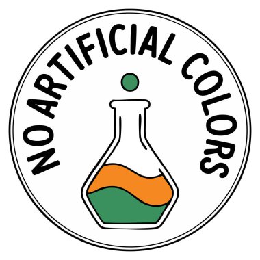 Temiz doğal markalaştırma malzemesi beyanı ve kimyasal temalı kimlik etiketleme için hiçbir yapay renk vektör logosu mükemmel şablonu yok