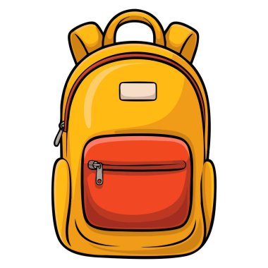 Kamp çantası için turistik seyahat için gerekli olan turistik etiketlerle dolu turuncu sırt çantası ikonu ekipmanları sosyal medya ve düz tasarım için mükemmel vektör illüstrasyonları