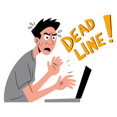 İş stresi verimlilik temaları için mükemmel beyaz arkaplan üzerinde dizüstü bilgisayar teslim tarihi konsepti vektör çizimi üzerinde çalışan çok çalışan yorgun ofis çalışanı