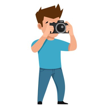 Fotoğrafçı erkek karakter vektör ilüstrasyonu. Hobi olarak profesyonel tasarım fotoğrafçılık konsepti yaratıcı ve illüstrasyon sanatına uygun fotoğraf kamerası ile.