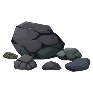 Fosil taş parçaları. Grafit veya kömür vektör illüstrasyonundan oluşan siyah mineral kaya parçaları. Ham doğal mineraller.