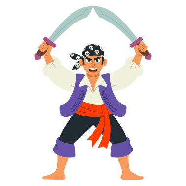 Macera temalı fantezi oyunu illüstrasyonu ya da hikaye anlatma yaratıcı tasarım projeleri için uygun kılıçlarla korsan karakter çizimi cesur