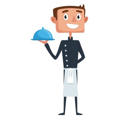 Profesyonel şef mutfak, restoran ve yemek servisi temalı klasik gri ceket ve toque ile hazır yemek illüstrasyonunu kapsıyor.