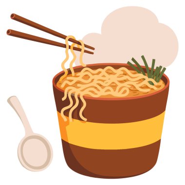Fast food menüsü tasarımı için mükemmel izole edilmiş yemek çubuklarıyla Ramen noodle hazır bardak vektör çizimi veya Asya mutfağı temalı sanat eserleri.