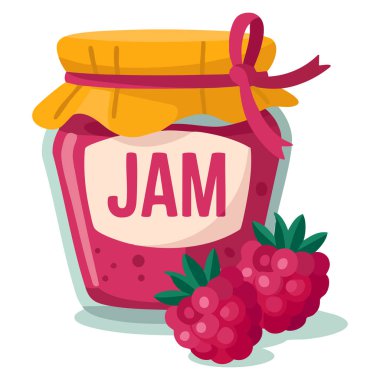 Ahududu reçeli kavanozu beyaz arka planda izole edilmiş çilek konfeksiyon vektör illüstrasyonu yemek paketleme tatlı etiketi veya mutfak temalı tasarım için mükemmel