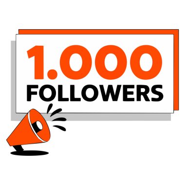 1000 takipçi pankartı 1k takipçisini kutluyor. Sosyal medya, takip eden kilometre taşı kutlamaları veya tanıtımları için vektör illüstrasyon tasarım unsurunu paylaşıyor.