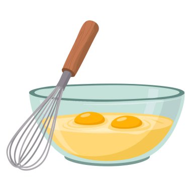 Cam kasede çiğ yumurta çırpma vektör illüstrasyonuyla pişirme mutfak hazırlığı veya yemek temalı yaratıcı tasarım için mükemmel.
