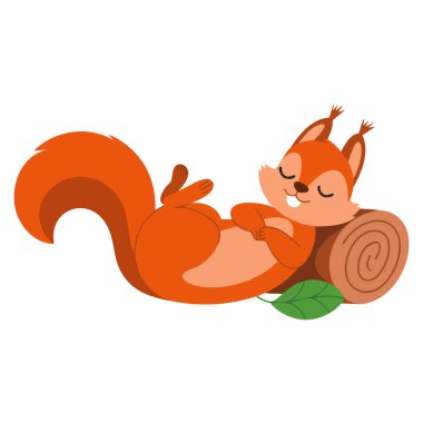 Kıllı kuyruklu kırmızı kabarık sincap. Kütük vektör illüstrasyonuna dayanıp uyuyor. Şirin vahşi yaşam için mükemmel.