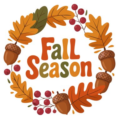 Yuvarlak sonbahar klipsi sanatında meşe palamudu, huş ağacı, akçaağaç, kavak ağacı şekilleri ve modern harf yaban mersini tasarımı sevimli bir sonbahar vektör baskısı kompozisyonu oluşturur.