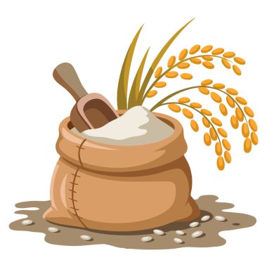 Pirinç unu dolu çuval ve kepçe beyaz arka plan vektör karikatür çizimi yemek pişirmek için ideal gıda ambalajı ya da çiftlik tasarımı