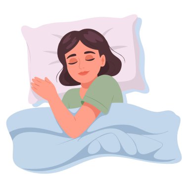 Yastık ve battaniyelerle uzanan mutlu insanlar. Yatakta yalnız uyuyan, beyaz arka planda izole edilmiş vektör çizimi. Yatma zamanı için ideal.