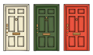 Geçmişe dönük ön kapılar. Renkli giriş kapıları. Beyaz arka planda izole edilmiş vektör çizimi.