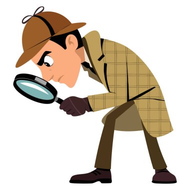 Sherlock Holmes dedektif karakteri büyüteç vektör illüstrasyonu ile izole edilmiş beyaz arka plan gizemli suç hikayesi ya da soruşturma temalı tasarım için mükemmel