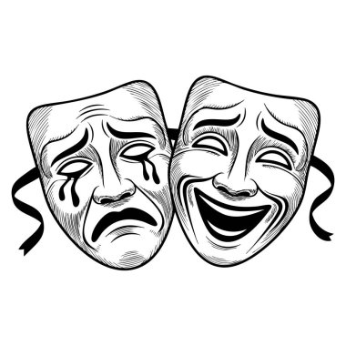 Çizim tiyatrosu, vektör illüstrasyonunu maskeliyor. İki geleneksel Yunan kostümlü insan maskesi, baskı ağı veya reklam tasarımı için mükemmel izole edilmiş.