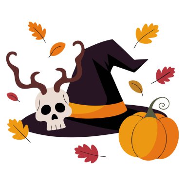 Kafatası kabağı ve cadı şapkası Cadılar Bayramı vektör çizimi ürkütücü tatil dekorasyonu parti teması ve mevsimlik yaratıcı tasarımlar için mükemmel.