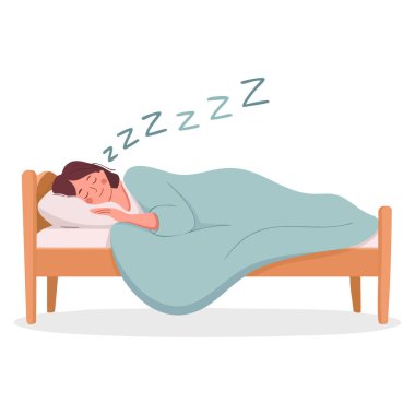 Yataklı genç kadın yatak odası temalı yaratıcı projeler ve yaşam tarzını rahatlatmak için ideal yatak odası çizimi.