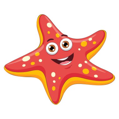 Beyaz arka planda gülümseyen deniz yıldızı çizimi. Sevimli deniz yaratığı tasarımı. Çizgi film temalı plaj dekorasyonu için mükemmel.