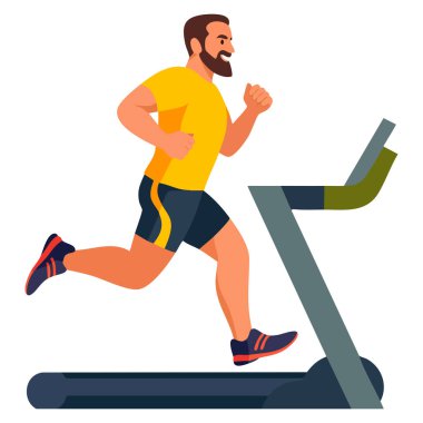 Koşu bandındaki sporcu adam, beyaz arka plan vektör illüstrasyonunda izole edilmiş. Spor salonunda egzersiz yapmak için mükemmel. Yürüyen kardiyo spor ekipmanları.