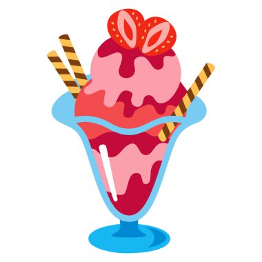 Çilekli dondurma, çırpılmış krema ve taze çilek, beyaz arka planda, pembe dondurma kabı ve gofret çizimi ile izole edilmiş vektör ikonu.