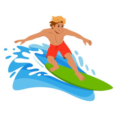 Yaz tatili için mükemmel sörf yapan erkek sörfçü dalga vektör çizimi ekstrem su sporları plaj macerası ve okyanus yaşam tarzı görselleri